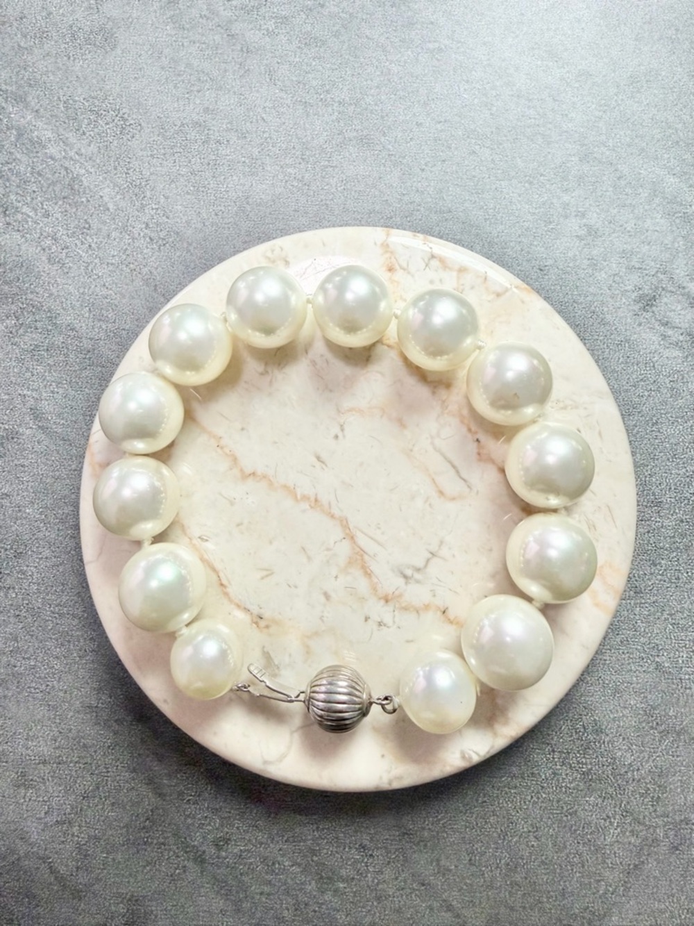 Vintage 925 Sliver And Large Glass Pearl Beaded Bracelet Chunky Hand Knotted